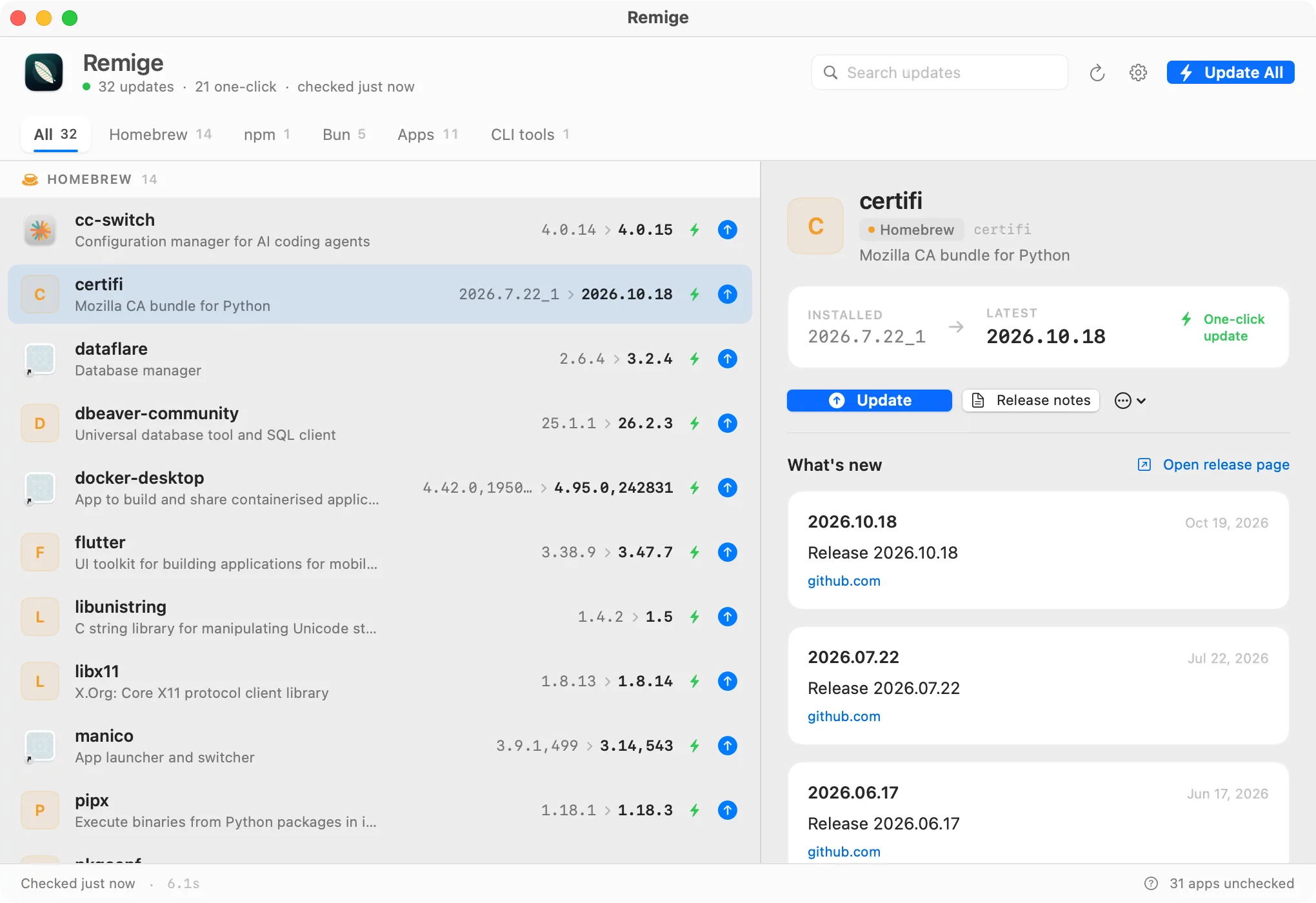 Remige showing Homebrew, npm, Bun and app updates in one window